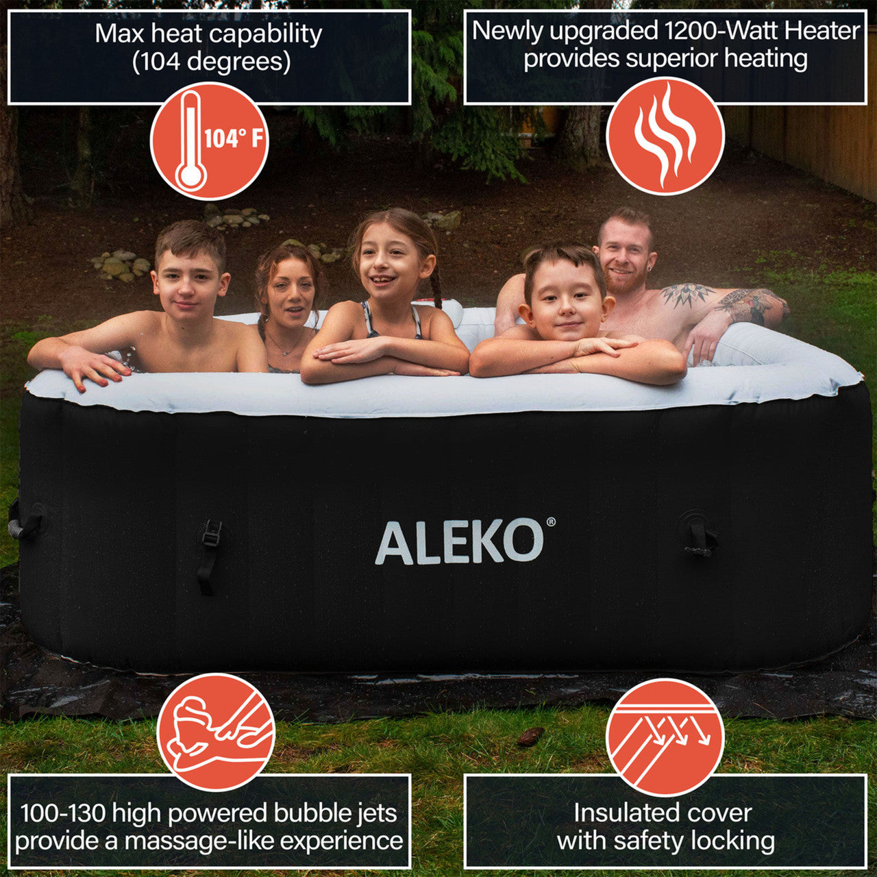 Aleko Square Inflatable Jetted Hot Tub with Cover - 6 Person - 265 Gallon - Black